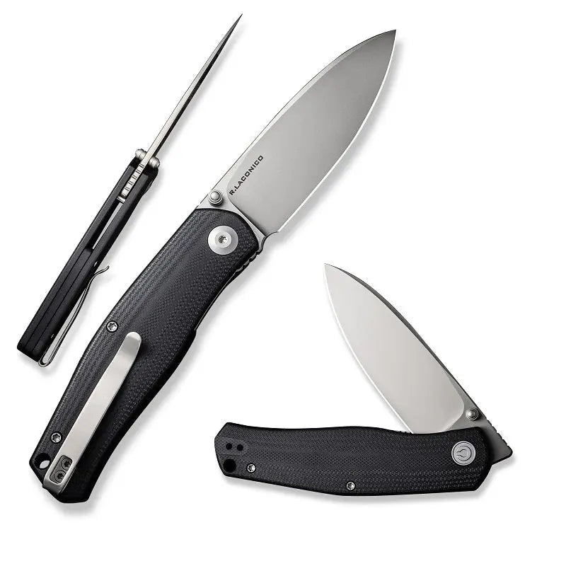19,4 cm lång fällkniv med knivskaft och backspacer av svart G-10 och knivstål av 14C28N med en hårdhet på HRC 58-60. Liner, clip och skruvar är tillverkade av rostfritt stål. Designad av Ray Laconico.