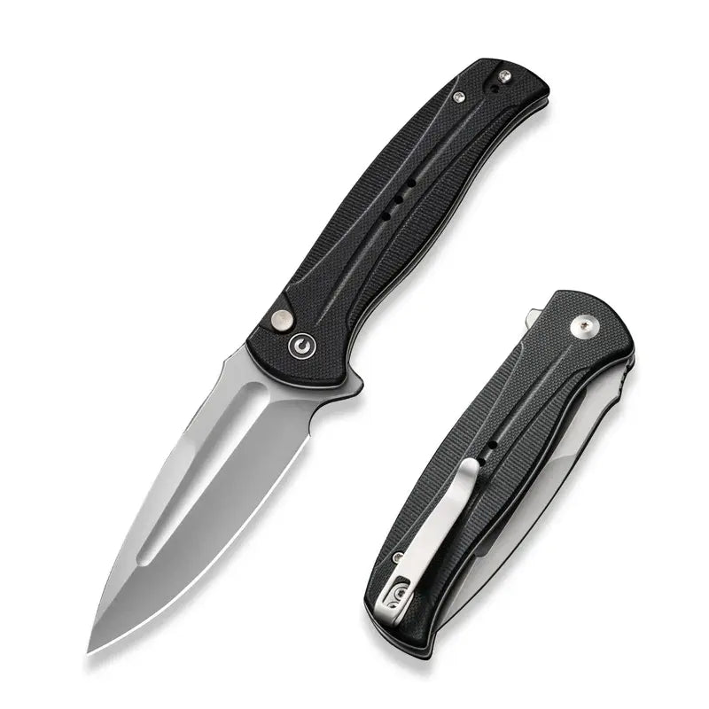 20 cm lång fällkniv med den populära låsmekanismen button lock, svenskt bladstål av 14C28N med svart finish och en hårdhet på HRC 57-59 och knivskaft av svart G10 med liners av rostfritt stål. Även clip och skruvar är tillverkade av rostfritt stål. Denna fällkniv är försedd med kullager vilket gör att den är mjuk, lätt, smidig och snabb att öppna.Clip: Tip-up höger/vänster
