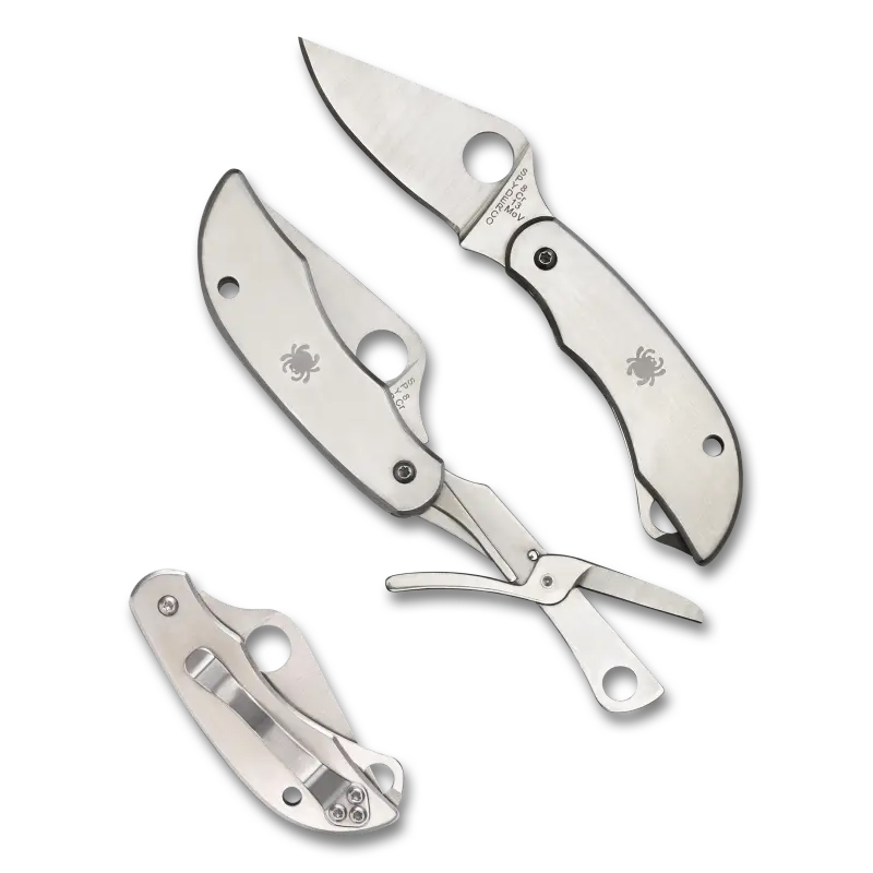 11,7 cm lång fällkniv med handtag av rostfritt stål. Multiverktyg med fällkniv och sax.