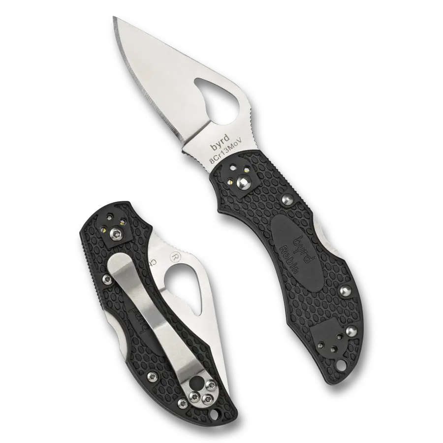 Spyderco Byrd Robin 2 Lightweight (BY10PBK2) är en kompakt fällkniv som väger in på ca 60 gram. Den totala längden är 144 mm med ett blad på 61 mm. Bladet är flatslipat (Full Flat Grind) för bästa skäregenskaper och låses säkert av ett Back Lock med "Boye Dent"-säkerhet. Kniven bärs enkelt med ett 4-positions clip som kan flyttas för att passa både höger- och vänsterhänta.