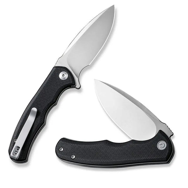 17 cm lång fällkniv med blank finish, knivskaft av svart G10 samt knivstål av D2 med en hårdhet på HRC 59-61. Liner, clip och skruvar är tillverkade av rostfritt stål. Fällkniven är försedd med kullager vilket gör att den är mjuk, lätt, smidig och snabb att öppna.