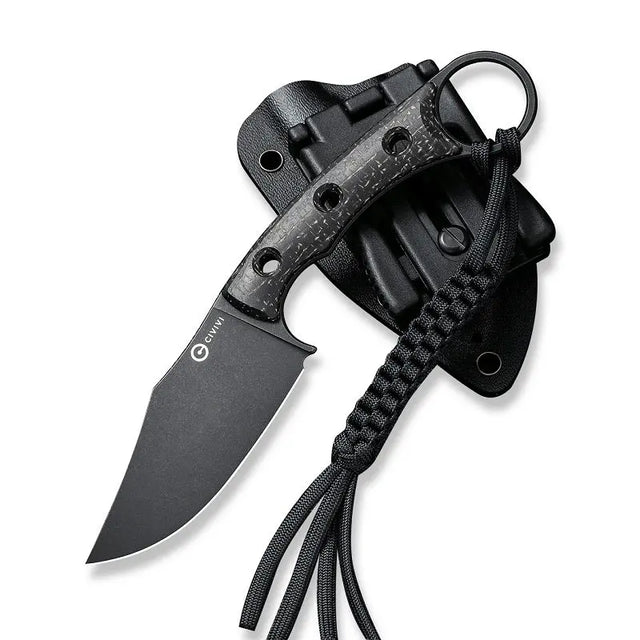 19 cm lång kniv med knivskaft av svart Burlap Micarta och knivstål med stentvättad, svart finish av N690 med en hårdhet på HRC 57-59. Levereras med en tillhörande knivslida av svart Kydex med T-clip.