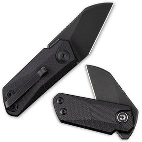 10 cm lång fällkniv med knivskaft av svart G-10 och knivstål med svart stentvättad finish av 9Cr18MoV med en hårdhet på HRC 57-59. Liner, clip och skruvar är tillverkade av rostfritt stål. Designad av Ostap Hel.Clip: Tip-Up, höger