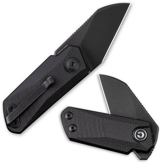 10 cm lång fällkniv med knivskaft av svart G-10 och knivstål med svart stentvättad finish av 9Cr18MoV med en hårdhet på HRC 57-59. Liner, clip och skruvar är tillverkade av rostfritt stål. Designad av Ostap Hel.Clip: Tip-Up, höger