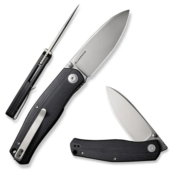 19,4 cm lång fällkniv med knivskaft och backspacer av svart G-10 och knivstål av 14C28N med en hårdhet på HRC 58-60. Liner, clip och skruvar är tillverkade av rostfritt stål. Designad av Ray Laconico.