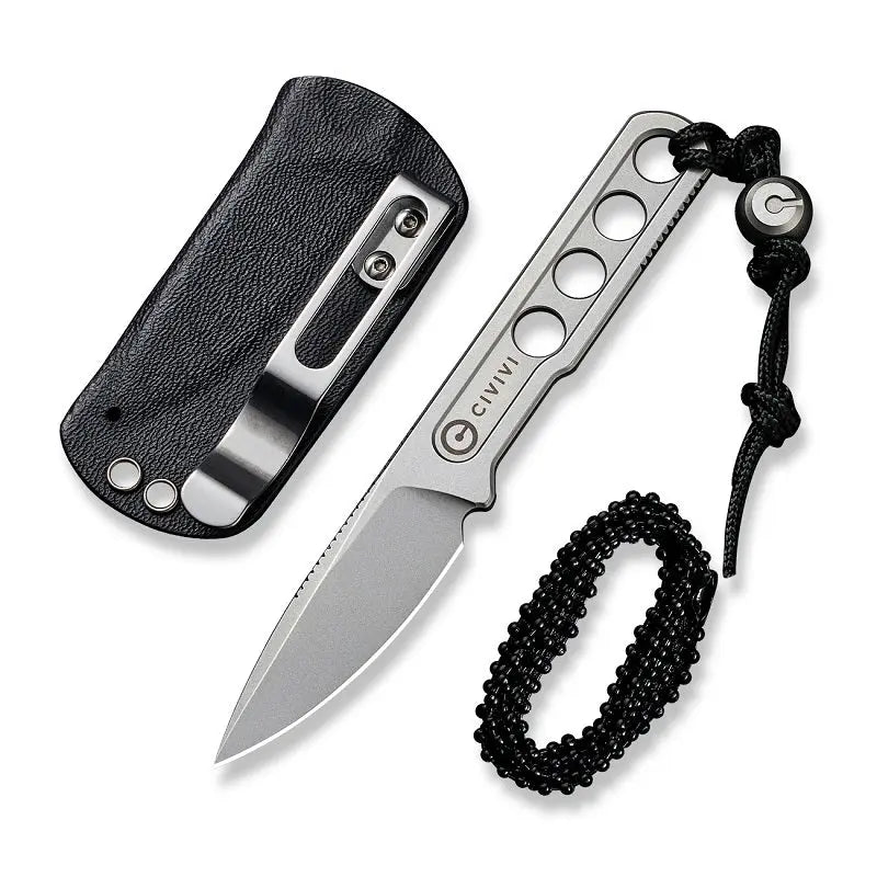 12,6 cm lång kniv med knivstål av 10Cr15CoMoV med en hårdhet på HRC 59-61. Tillhörande knivslida av svart Kydex med ett enkelt clip av rostfritt stål samt svart kulkedja. Designad av Ostap Hel.