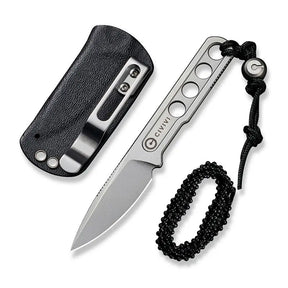 12,6 cm lång kniv med knivstål av 10Cr15CoMoV med en hårdhet på HRC 59-61. Tillhörande knivslida av svart Kydex med ett enkelt clip av rostfritt stål samt svart kulkedja. Designad av Ostap Hel.
