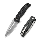 20 cm lång fällkniv med den populära låsmekanismen button lock, svenskt bladstål av 14C28N med svart finish och en hårdhet på HRC 57-59 och knivskaft av svart G10 med liners av rostfritt stål. Även clip och skruvar är tillverkade av rostfritt stål. Denna fällkniv är försedd med kullager vilket gör att den är mjuk, lätt, smidig och snabb att öppna.Clip: Tip-up höger/vänster