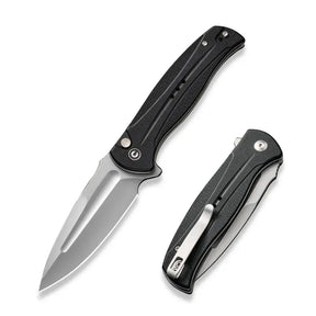 20 cm lång fällkniv med den populära låsmekanismen button lock, svenskt bladstål av 14C28N med svart finish och en hårdhet på HRC 57-59 och knivskaft av svart G10 med liners av rostfritt stål. Även clip och skruvar är tillverkade av rostfritt stål. Denna fällkniv är försedd med kullager vilket gör att den är mjuk, lätt, smidig och snabb att öppna.Clip: Tip-up höger/vänster
