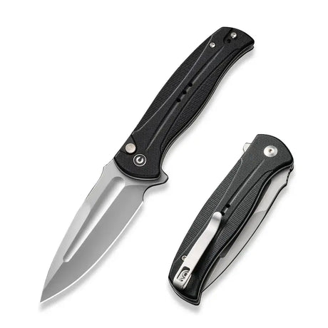 20 cm lång fällkniv med den populära låsmekanismen button lock, svenskt bladstål av 14C28N med svart finish och en hårdhet på HRC 57-59 och knivskaft av svart G10 med liners av rostfritt stål. Även clip och skruvar är tillverkade av rostfritt stål. Denna fällkniv är försedd med kullager vilket gör att den är mjuk, lätt, smidig och snabb att öppna.Clip: Tip-up höger/vänster