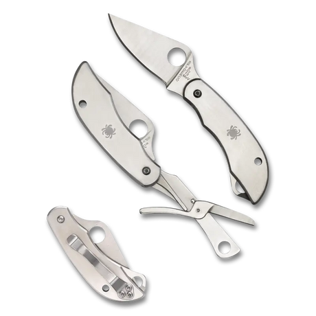 11,7 cm lång fällkniv med handtag av rostfritt stål. Multiverktyg med fällkniv och sax.