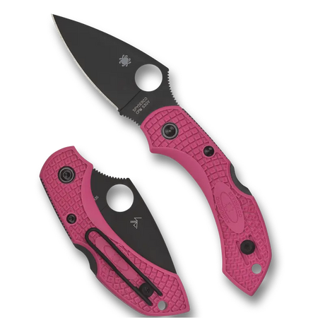 14,2 cm lång fällkniv med handtag av rosa FRN och bladstål av CPM S30V med svart finish. En lättviktskniv, liten, kompakt och smidig med alla funktioner som en fullstor fällkniv har.