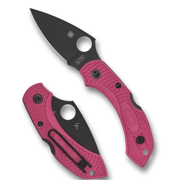 14,2 cm lång fällkniv med handtag av rosa FRN och bladstål av CPM S30V med svart finish. En lättviktskniv, liten, kompakt och smidig med alla funktioner som en fullstor fällkniv har.