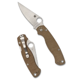 Spyderco Para Military 2 Brown Canvas Micarta är en avancerad arbetshäst som kombinerar en av branschens mest beprövade designer med högpresterande material. Denna version förenar det extremt sega CPM Cru-Wear-stålet med handtagssidor i brun canvas-micarta, vilket skapar en kniv som är byggd för hårt arbete och utvecklar en personlig patina vid användning.