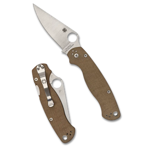 Spyderco Para Military 2 Brown Canvas Micarta är en avancerad arbetshäst som kombinerar en av branschens mest beprövade designer med högpresterande material. Denna version förenar det extremt sega CPM Cru-Wear-stålet med handtagssidor i brun canvas-micarta, vilket skapar en kniv som är byggd för hårt arbete och utvecklar en personlig patina vid användning.