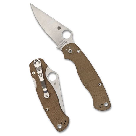 Spyderco Para Military 2 Brown Canvas Micarta är en avancerad arbetshäst som kombinerar en av branschens mest beprövade designer med högpresterande material. Denna version förenar det extremt sega CPM Cru-Wear-stålet med handtagssidor i brun canvas-micarta, vilket skapar en kniv som är byggd för hårt arbete och utvecklar en personlig patina vid användning.
