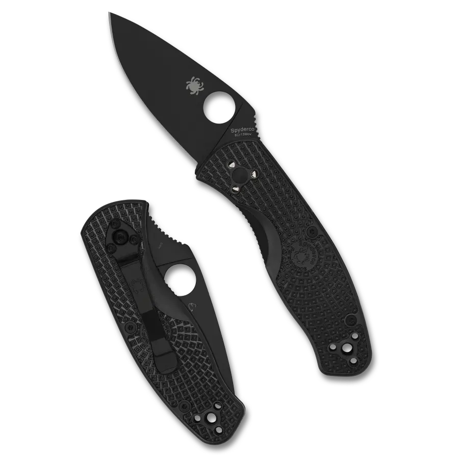 17,5 cm lång fällkniv med handtag av FRN. Mindre version av fällkniven Spyderco Tenacious. Denna modell är en lättviktsvariant med svart blad av originalet