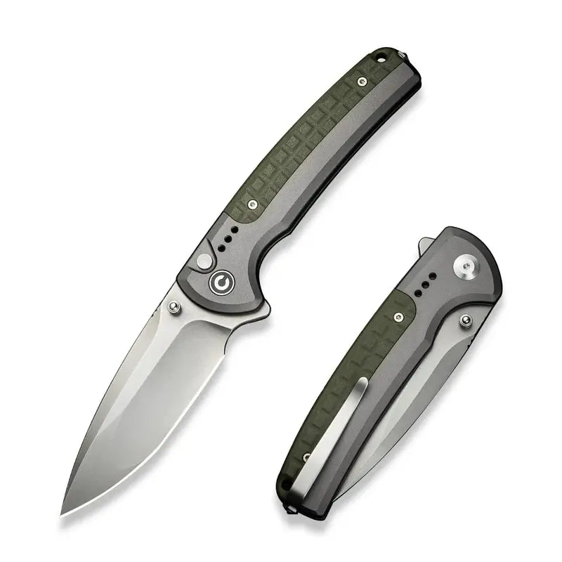 21,8 cm lång fällkniv med knivskaft av grå aluminium och en integrerad olivgrön backspacer av FRN och drop point-format knivblad med stentvättad finish av Nitro-V med en hårdhet på HRC 59-61. Clip, thumb stud och skruvar är tillverkade av rostfritt stål. Denna fällkniv är försedd med kullager vilket gör att den är mjuk, lätt, smidig och snabb att öppna. På knivens ände finns även en glaskross.Clip: Tip-Up Höger/Vänster
