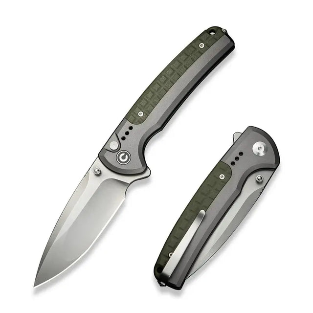 21,8 cm lång fällkniv med knivskaft av grå aluminium och en integrerad olivgrön backspacer av FRN och drop point-format knivblad med stentvättad finish av Nitro-V med en hårdhet på HRC 59-61. Clip, thumb stud och skruvar är tillverkade av rostfritt stål. Denna fällkniv är försedd med kullager vilket gör att den är mjuk, lätt, smidig och snabb att öppna. På knivens ände finns även en glaskross.Clip: Tip-Up Höger/Vänster